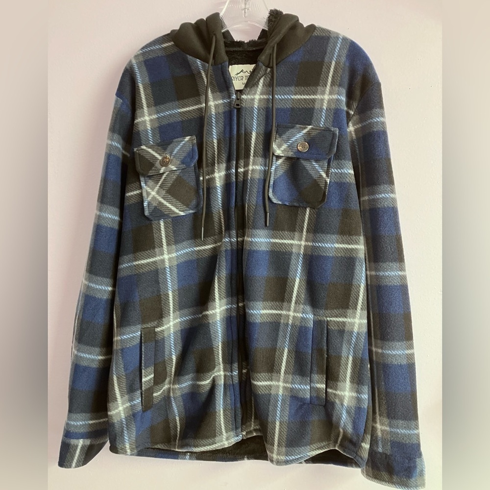 Men’s Hooded Fleece Jacket, Medium, Full Front Zipper, Blue/Gray Plaid, NWT